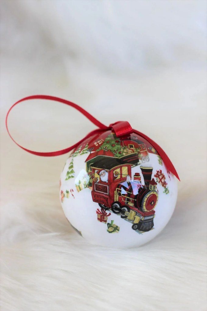 Bielo červené vianočné gule s vláčikom 7cm 14ks