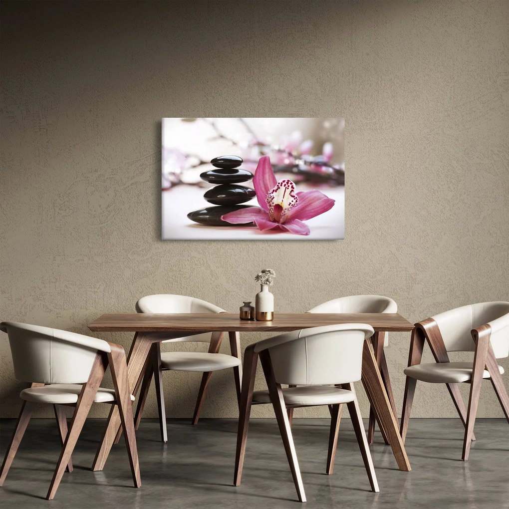 Obraz masážnych kameňov a orchidey na vode (90x60 cm)