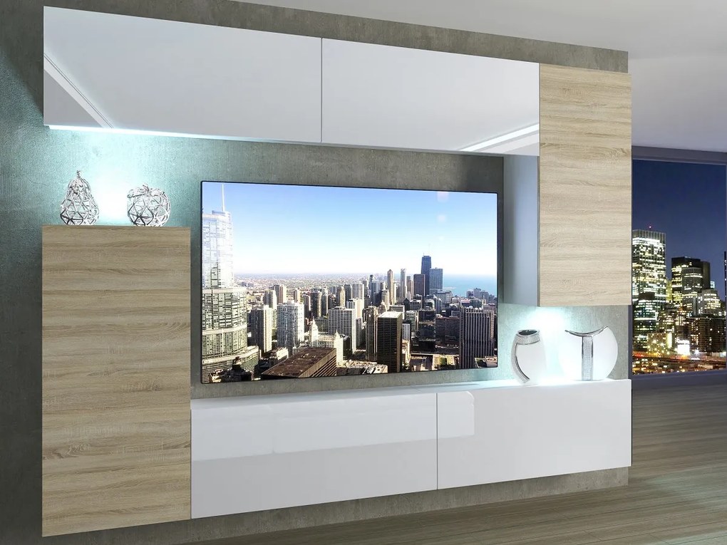 Obývacia stena 250 cm Belini biely lesk / dub sonoma Imperium8 IMP 8/5/W/WDSDSW/0/0