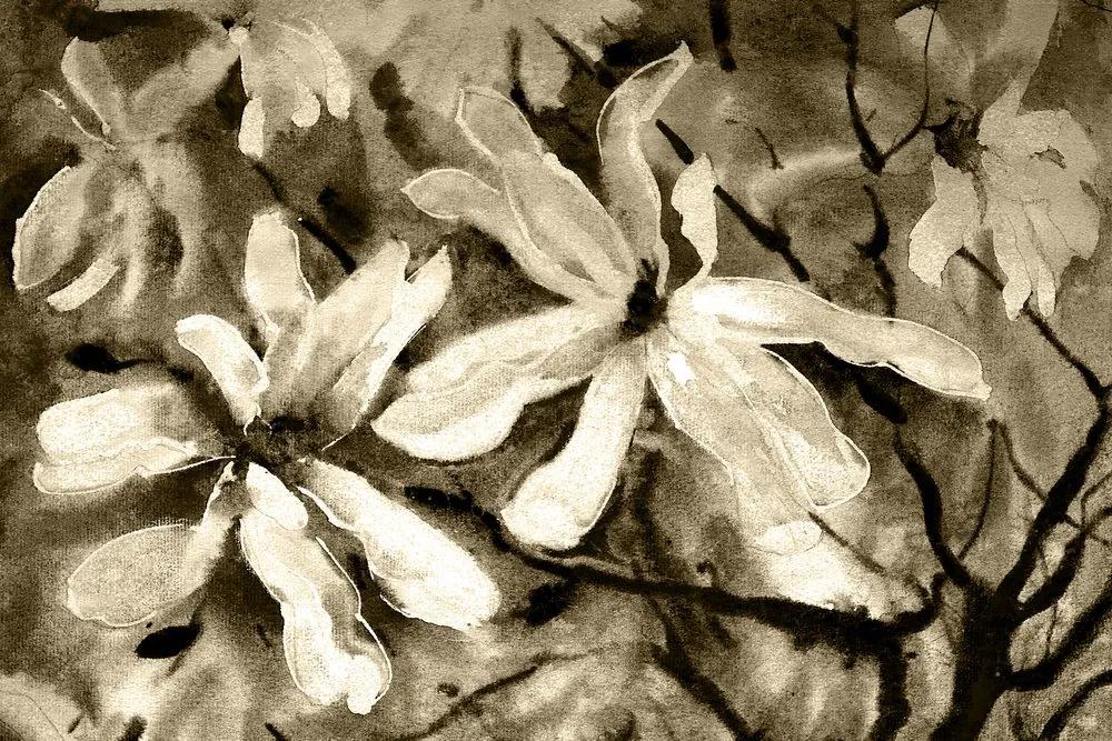 Obraz rozkvitnutý akvarelový strom v sépiovom prevedení Varianta: 120x80