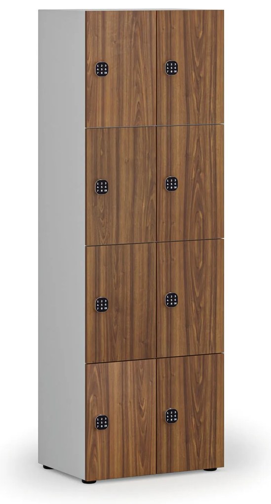 Drevená šatníková skrinka S4 s úložnými boxmi, 8 boxov, demont, kódový zámok, sivá/orech