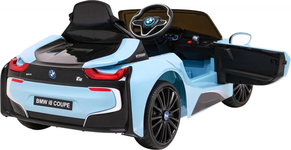 Ramiz BMW I8 Lift Battery Car Modrá + diaľkové ovládanie + pomalý štart + 3-bodové pásy + MP3 USB + LED