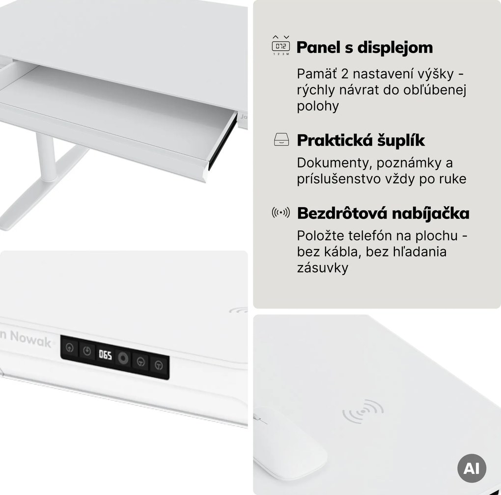 Elektrický písací stôl sit-stand so zásuvkou a bezdrôtovou nabíjačkou Qi biely, 1200 mm: ELLIS