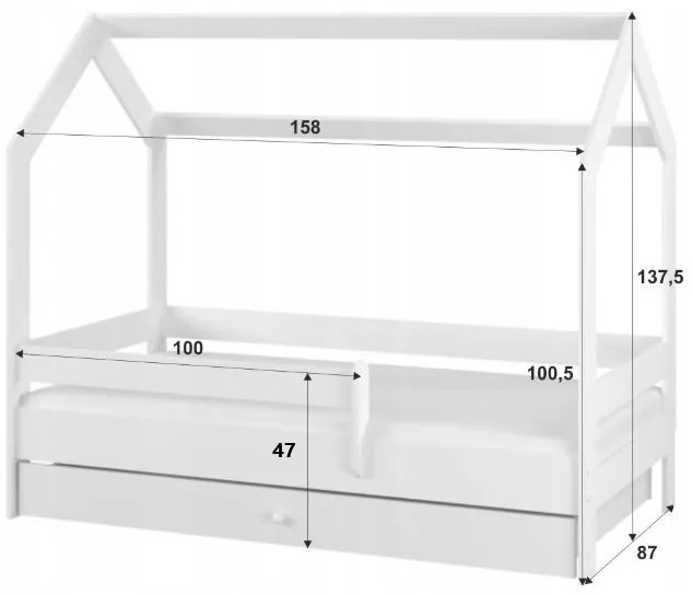 Detská domčeková posteľ so šuplíkom LITTLE HOUSE - biela - 160x80 cm