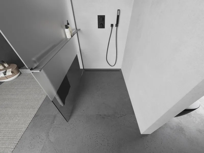 Mexen Kioto+, sprchová zástena Walk-In s poličkou a vešiakom 100 x 200 cm, 8mm číre sklo-námraza, grafitový profil, 800-100-121-66-35