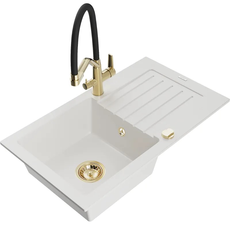Mexen Pablo, granitový drez 752x436x161 mm, 1-komorový a drezová batéria Duo, biela, 6510-20-671701-57-G