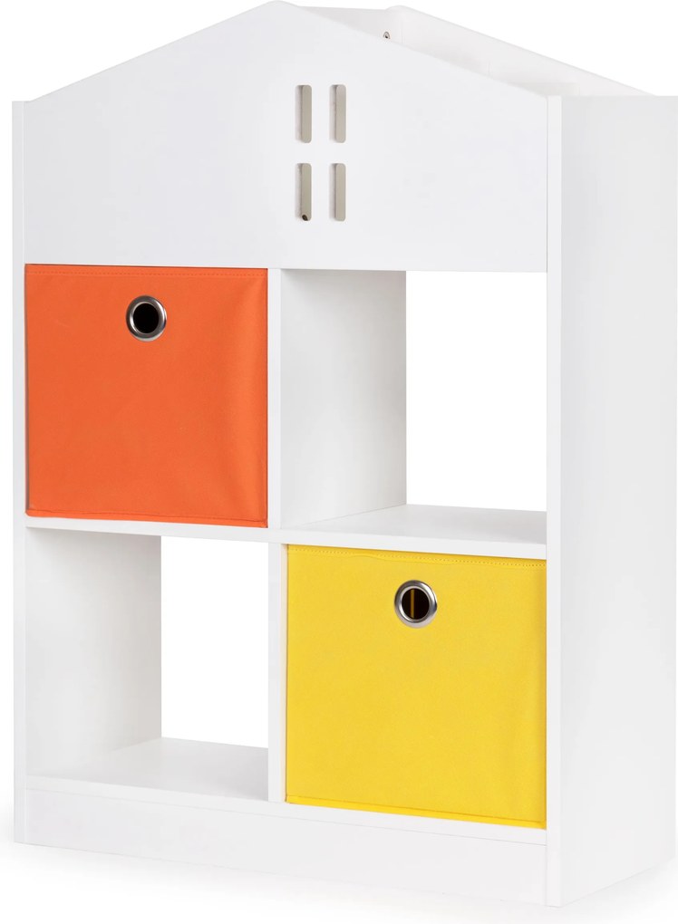 Detský regál v tvare domčeka ECOTOYS – biela polica na hračky a knihy, 2 koše