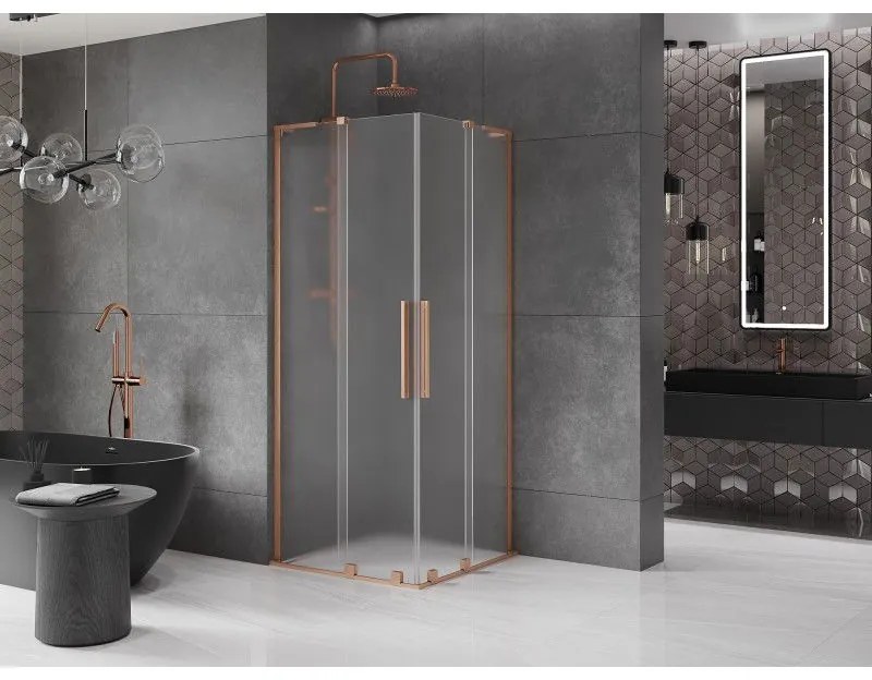 Mexen Velar L Duo, sprchový kút s posuvnými dverami 80 x 80 cm, 8mm sklo námraza, medená matná, 871-080-080-02-33-65