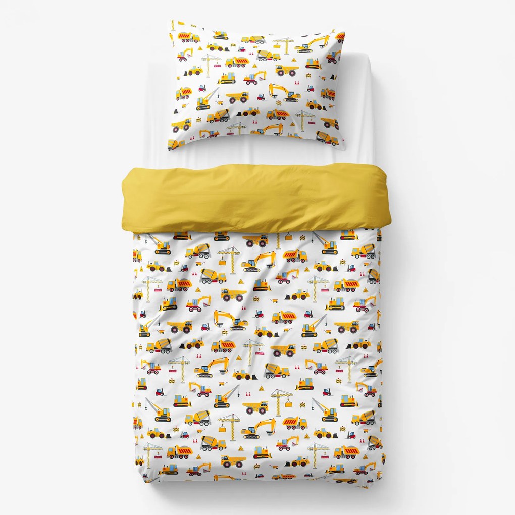 Goldea detské bavlnené obliečky duo - nákladné autá a bagre s medovo žltou 150 x 200 a 50 x 60 cm