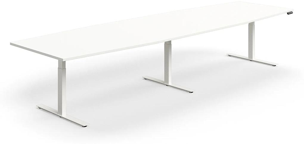 Výškovo nastaviteľný rokovací stôl QBUS, ovál, 4000x1200 mm, biely rám, biela