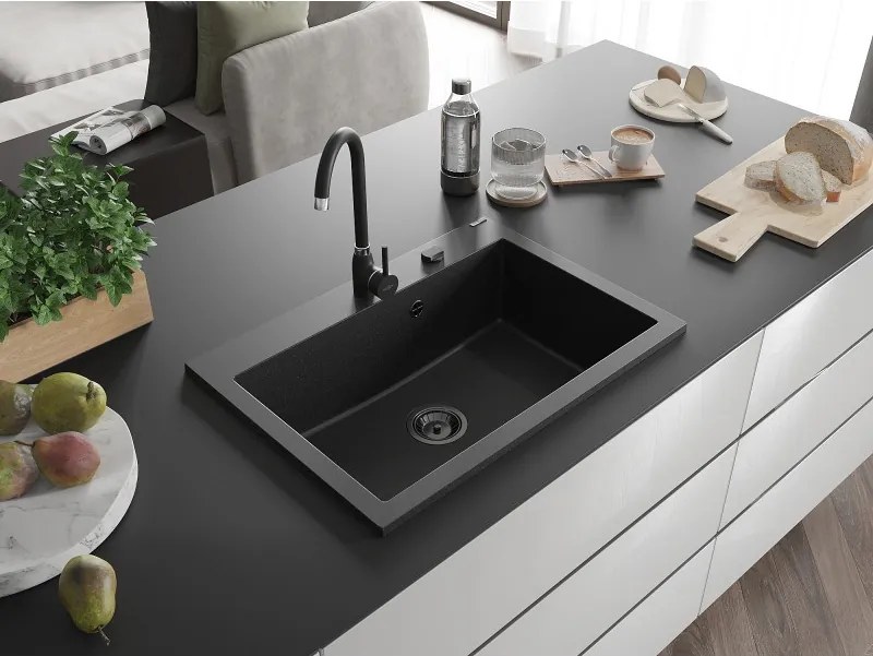 Mexen Elix, 1-korový granitový drez 700 x 500 mm, čierna/strieborná metalíza, čierny sifón, 6526701005-73-B