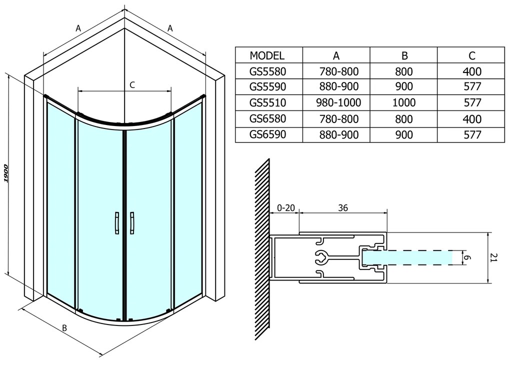 Gelco, SIGMA SIMPLY štvrťkruhová sprchová zástena 1000x1000mm, R550, číre sklo, GS5510