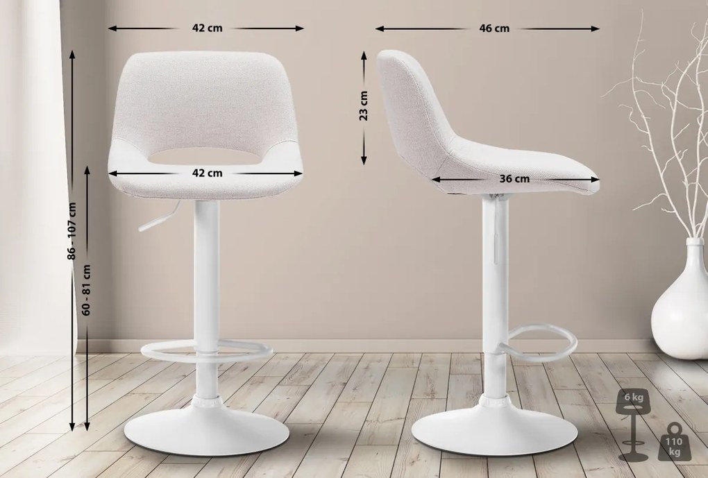 2x Barová stolička Camden - látka, biely rám - Krémová