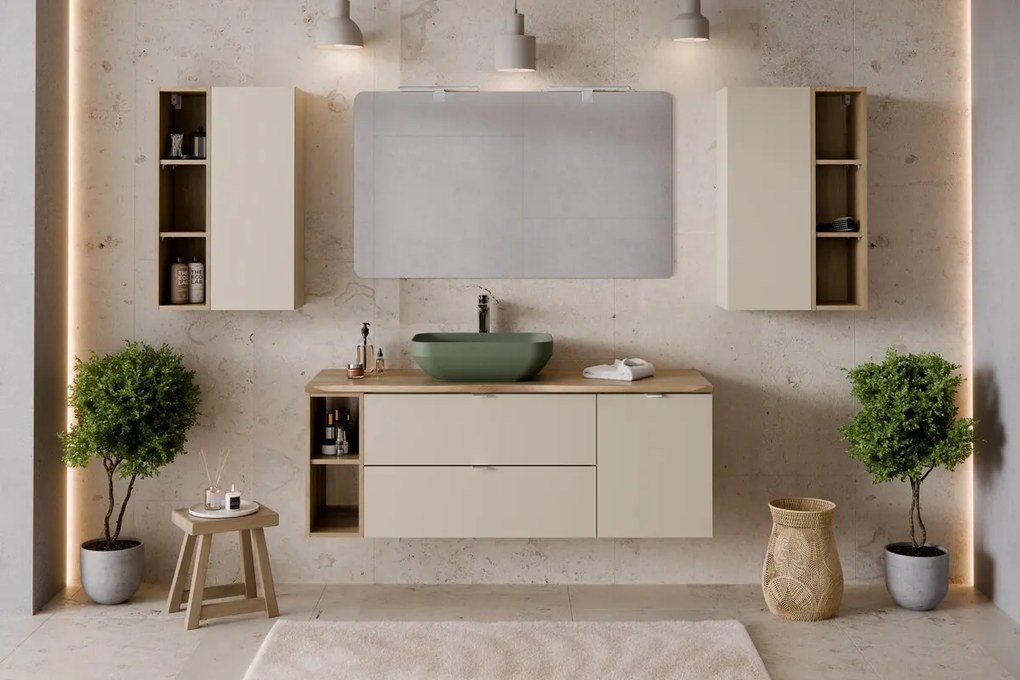 Závěsná skříňka Dalia Cashmere Nature Magic s košem na prádlo, deskou a umyvadlem 100 cm kašmírová/dub cremona