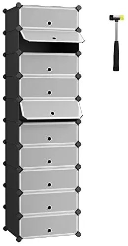 Stojan na topánky, plastový, 10 priehradiek, dvierkový systém, 173x43x31cm