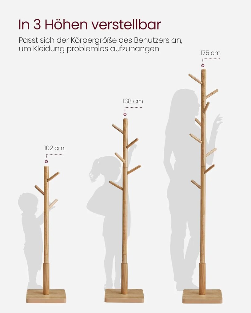 VASAGLE vešiak na oblečenie, masívny drevený vešiak 175 cm, prírodná béžová