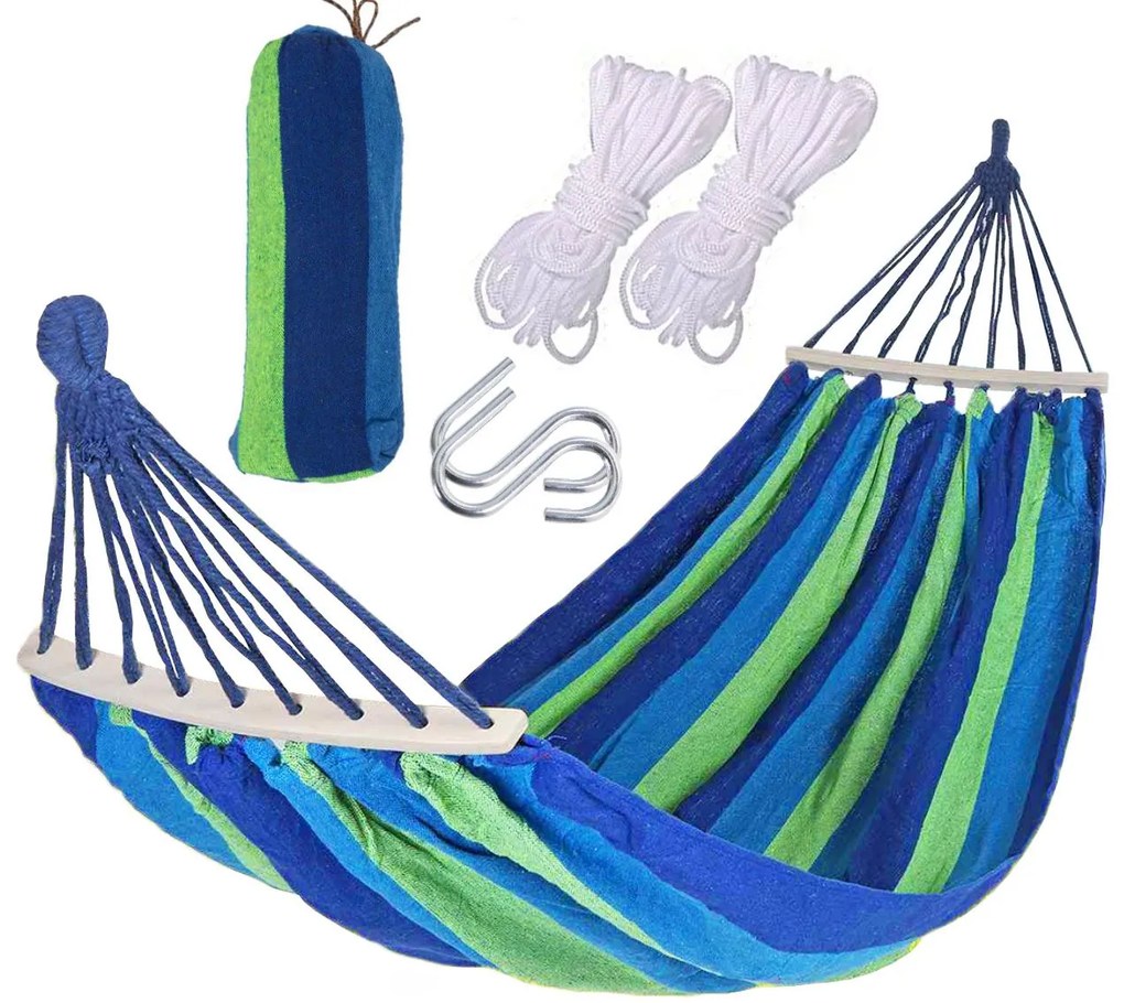 Bluegarden, závesná hojdacia sieť s drevenou oporou pre 2 osoby 150x210cm Hammock 400257A, modrá, OGR-09017