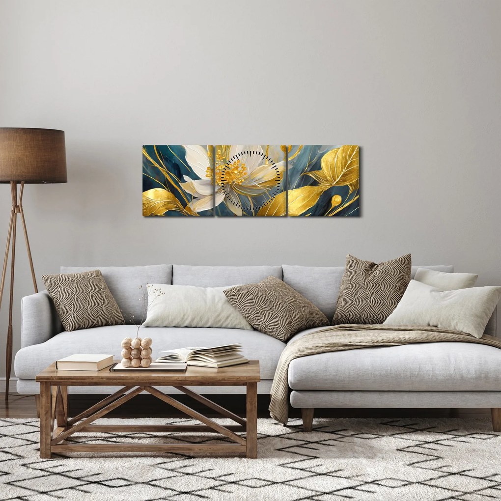 Obraz - Maľba zlatých kvetov (s hodinami) (90x30 cm)