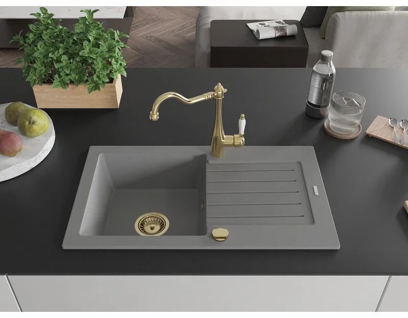 Mexen Pablo, granitový drez 752x436x161 mm, 1-komorový a drezová batéria Carla, šedá, 6510-71-670700-50