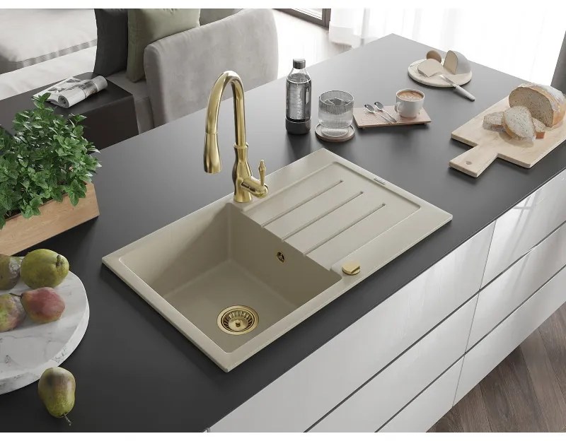 Mexen Bruno, 1-komorový granitový drez 795x495x200 mm a drezová batéria Savita, béžová, 6513-69-672601-50