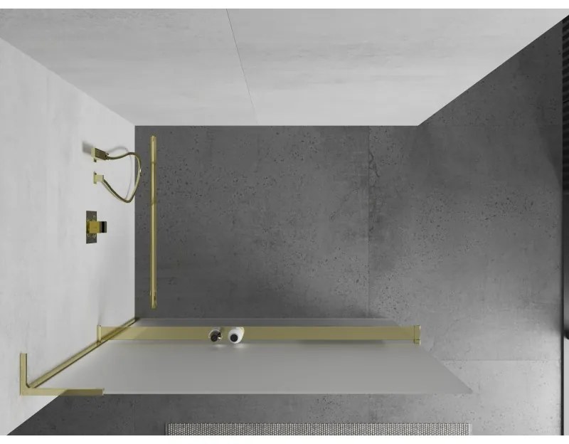 Mexen Kioto+ L, sprchová zástena Walk-In s poličkou a vešiakom 80 x 200 cm, 8mm sklo námraza, zlatý lesklý profil,800-080-123-50-30