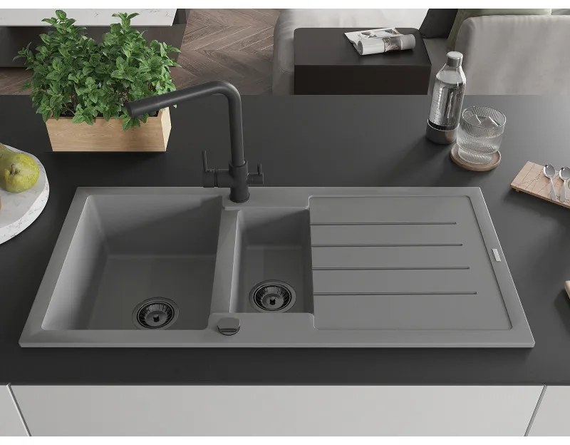 Mexen Andres, granitový drez 1000x500x200 mm, 1,5-komorový + čierna batéria Duero, šedá, 6515-71-671600-70-B