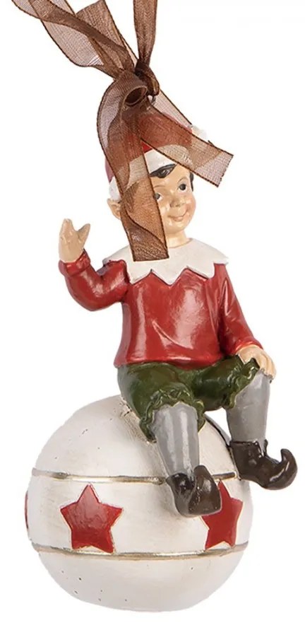 Závesná vianočná dekorácia sediaca Elf na guli - 5*5*10 cm