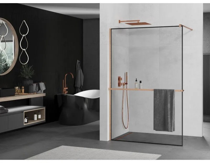 Mexen Kioto+, sprchová zástena Walk-In s poličkou a vešiakom 110 x 200 cm, 8mm číre sklo čierny vzor, medený matný profil, 800-110-121-65-70