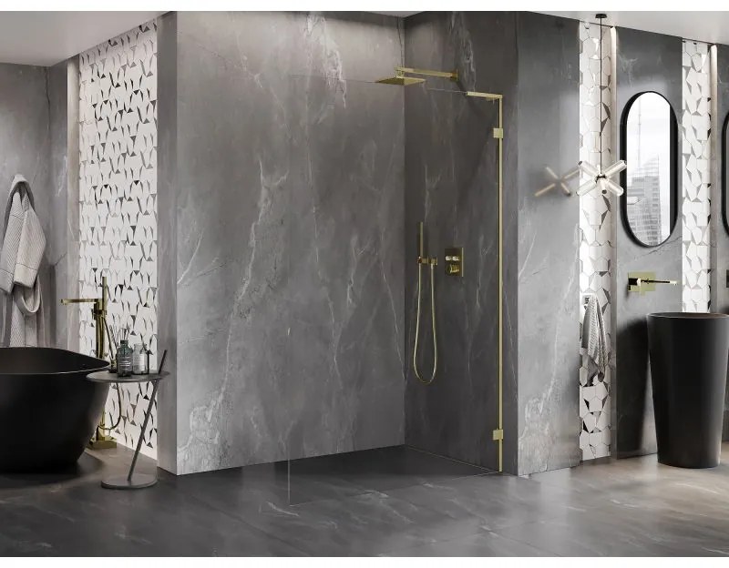 Mexen, Mexen Lunar L sprchová stena pravá 100 x 200 cm, priehľadná 8 mm, zlatý kartáč - 830L-100-000-55-00-P