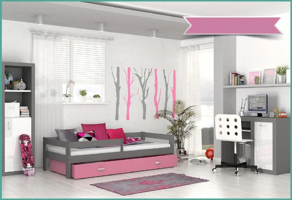 Detská posteľ HUGO P1 COLOR s farebnou zásuvkou + matrac, 80x160, sivý/ružový
