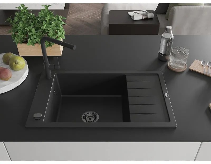 Mexen Elias, 1-komorový granitový drez 795x480x200 mm a drezová batéria Flora, čierna, 6511-77-670401-70-B