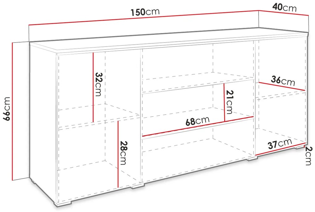 KOMODA ROXY 150, DUB WOTAN/ČIERNY LESK S LED OSVETLENÍM
