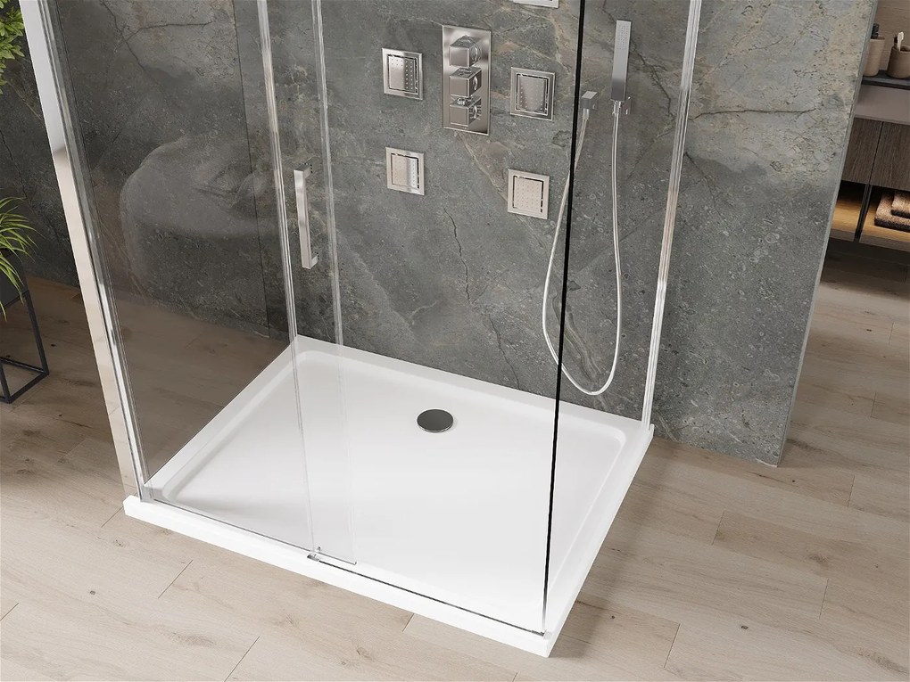 Mexen Omega, 3-stenový sprchovací kút s posuvnými dverami 140 (dvere) x 90 (stena) x 190 cm, 8mm číre sklo, chrómový profil + biela sprchová vanička SLIM, 825-140-090-01-00-3S-4010