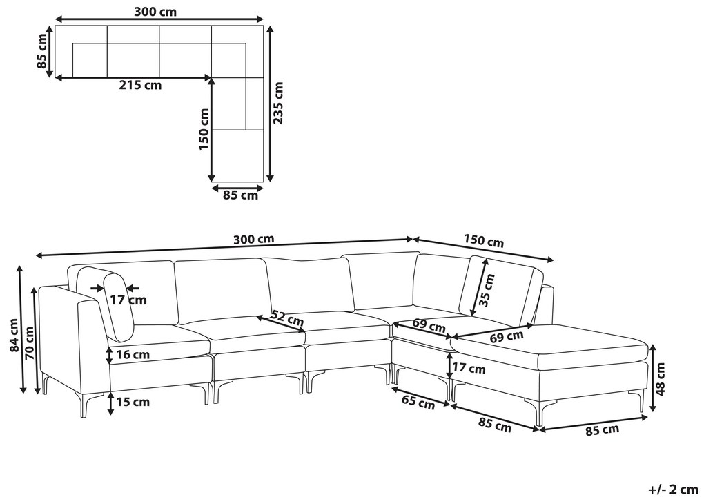 Ľavá rohová 5 miestna modulárna zamatová pohovka s taburetom sivá EVJA Beliani