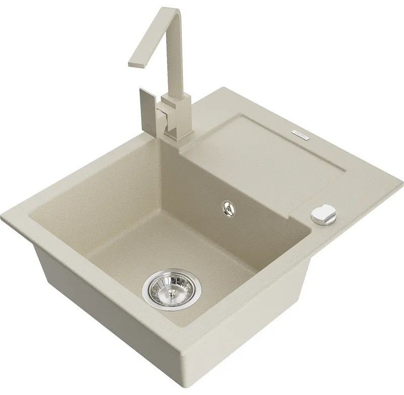 Mexen Enzo, granitový drez 576x465x174 mm, 1-komorový a béžová batéria Rita, béžová, 6506-69-670300-69