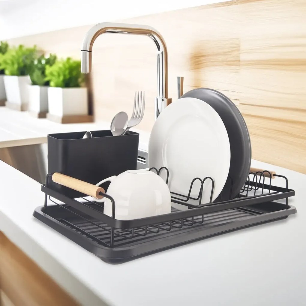 Orion Odkvapkávač na riad, čierny s drevenými rúčkami, malý, 43 x 23 cm, RADKA