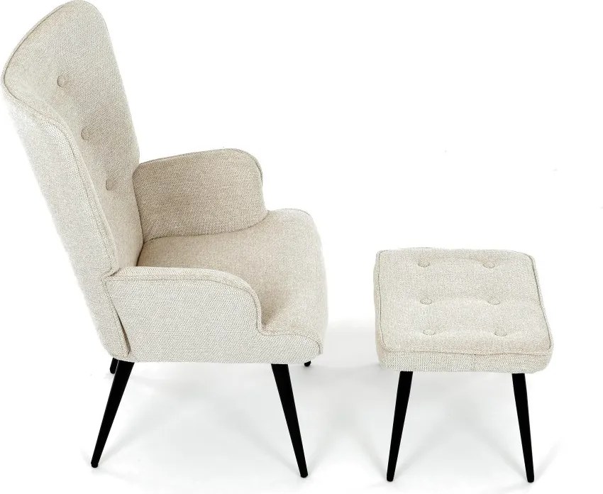 Relaxačné kreslo ušiak s taburetom ROYAL II — kov, látka, krémová