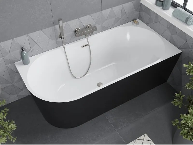 Mexen Mia, voľne stojaca rohová vaňa pravá 140 x 75 cm, biela/čierna, prepad brúsený nikel, 52691407575P-97