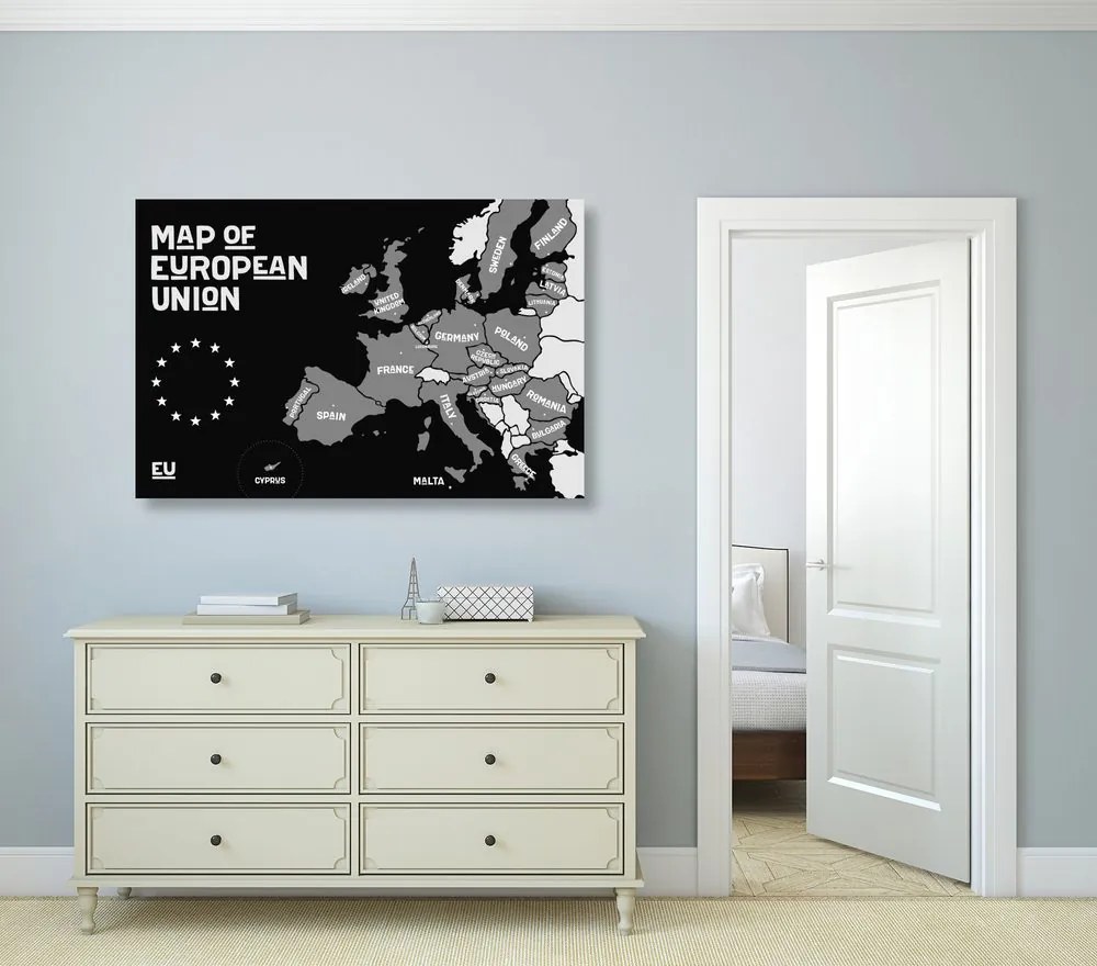 Obraz náučná mapa s názvami krajín európskej únie v čiernobielom prevedení Varianta: 120x80