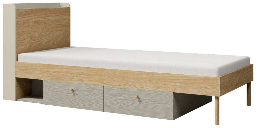 Jednolôžková posteľ 90x200 cm Yoda 13 (svetlobéžová + dub olejovaný + eukalyptus) (L). Akcia -21%. Vlastná spoľahlivá doprava až k Vám domov. 1087378