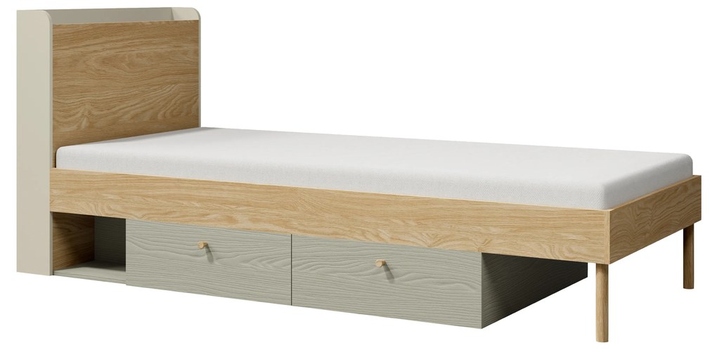 Jednolôžková posteľ 90x200 cm Yoda 13 (svetlobéžová + dub olejovaný + eukalyptus) (L). Vlastná spoľahlivá doprava až k Vám domov. 1087378