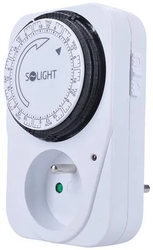 SOLIGHT Mechanický týždenný časový spínač 230V/16A, 1 zásuvka, biely