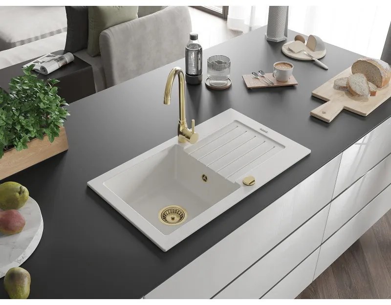 Mexen Pablo, granitový drez 752x436x161 mm, 1-komorový, biela so zlatým sifónom, 6510751010-20-G