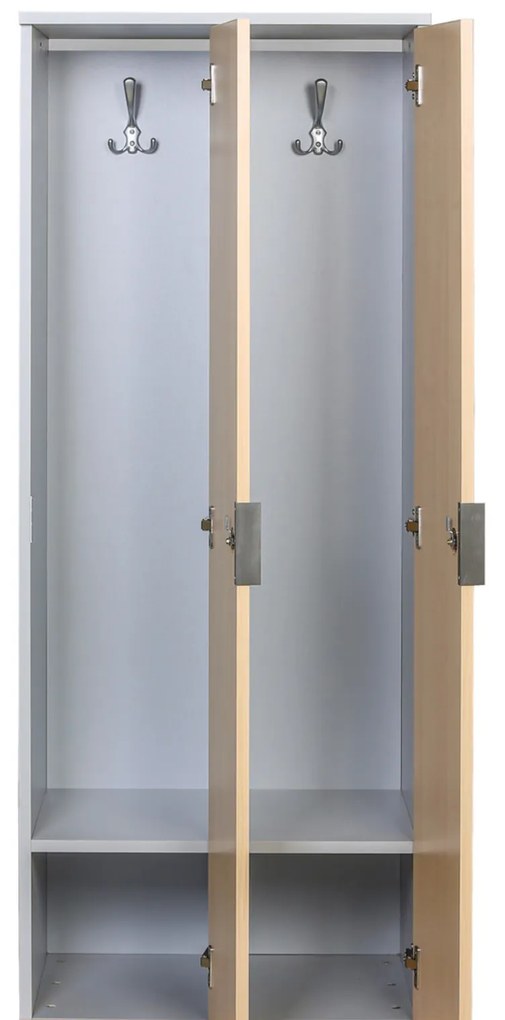 Drevená šatníková skrinka S4 s lavičkou, 4 oddiely, 1871 x 1200 x 500/800 mm, demont, mechanický kódový zámok, sivá/orech