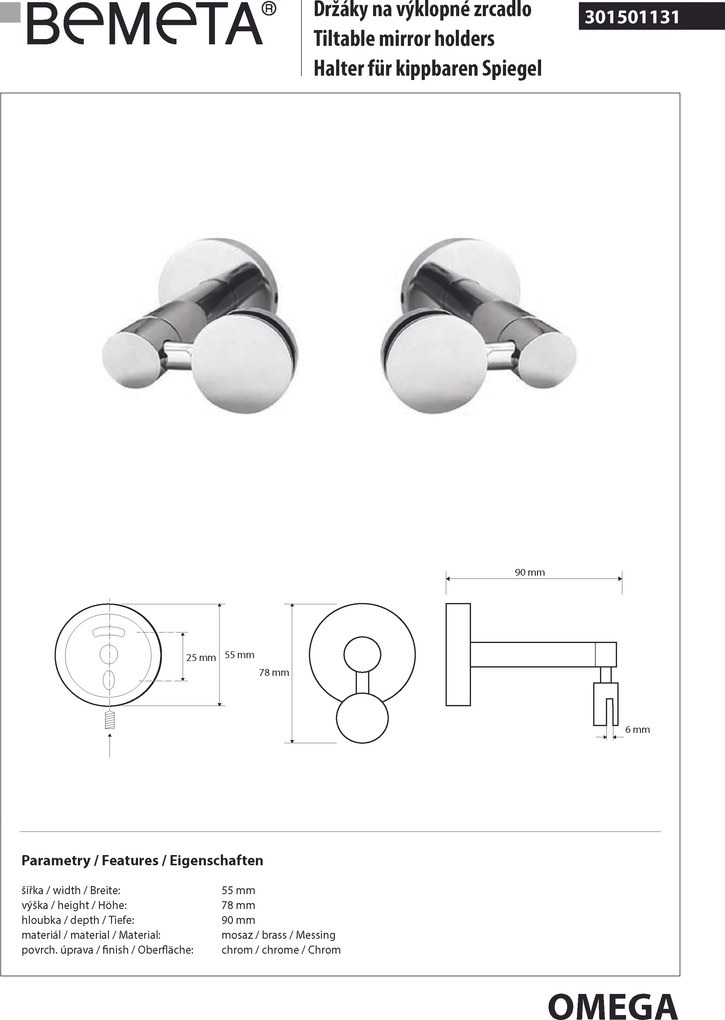 Bemeta Design OMEGA: Držiaky na výklopné zrkadlo, 2 ks - 301501131