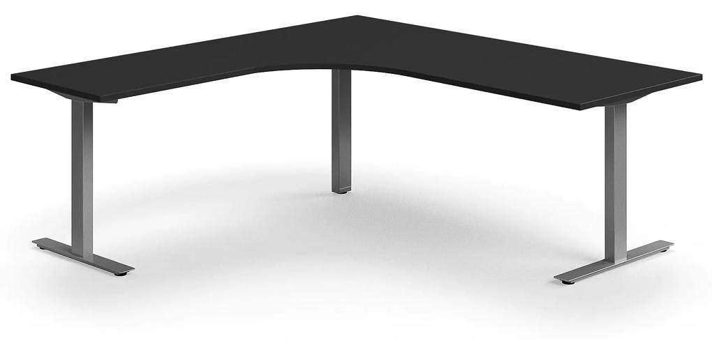 Kancelársky stôl QBUS, rohový, 2000x2000 mm, T-rám, strieborný rám, čierna