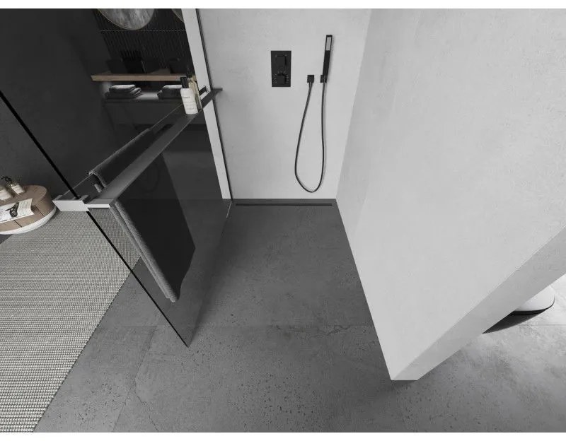 Mexen Kioto+ L, sprchová zástena Walk-In s poličkou a vešiakom 85 x 200 cm, 8mm číre sklo, grafitový profil, 800-085-123-95-00