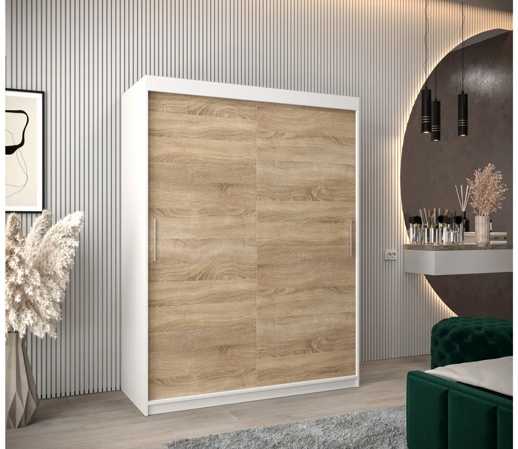 Šatníková skriňa 150 cm Toki (Biela matná + Dub sonoma). Akcia -45%. Vlastná spoľahlivá doprava až k Vám domov. 1064820