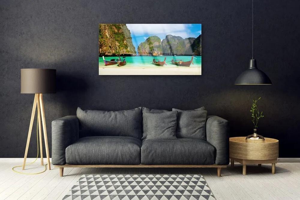 Obraz na skle Pláž more hory príroda 125x50 cm