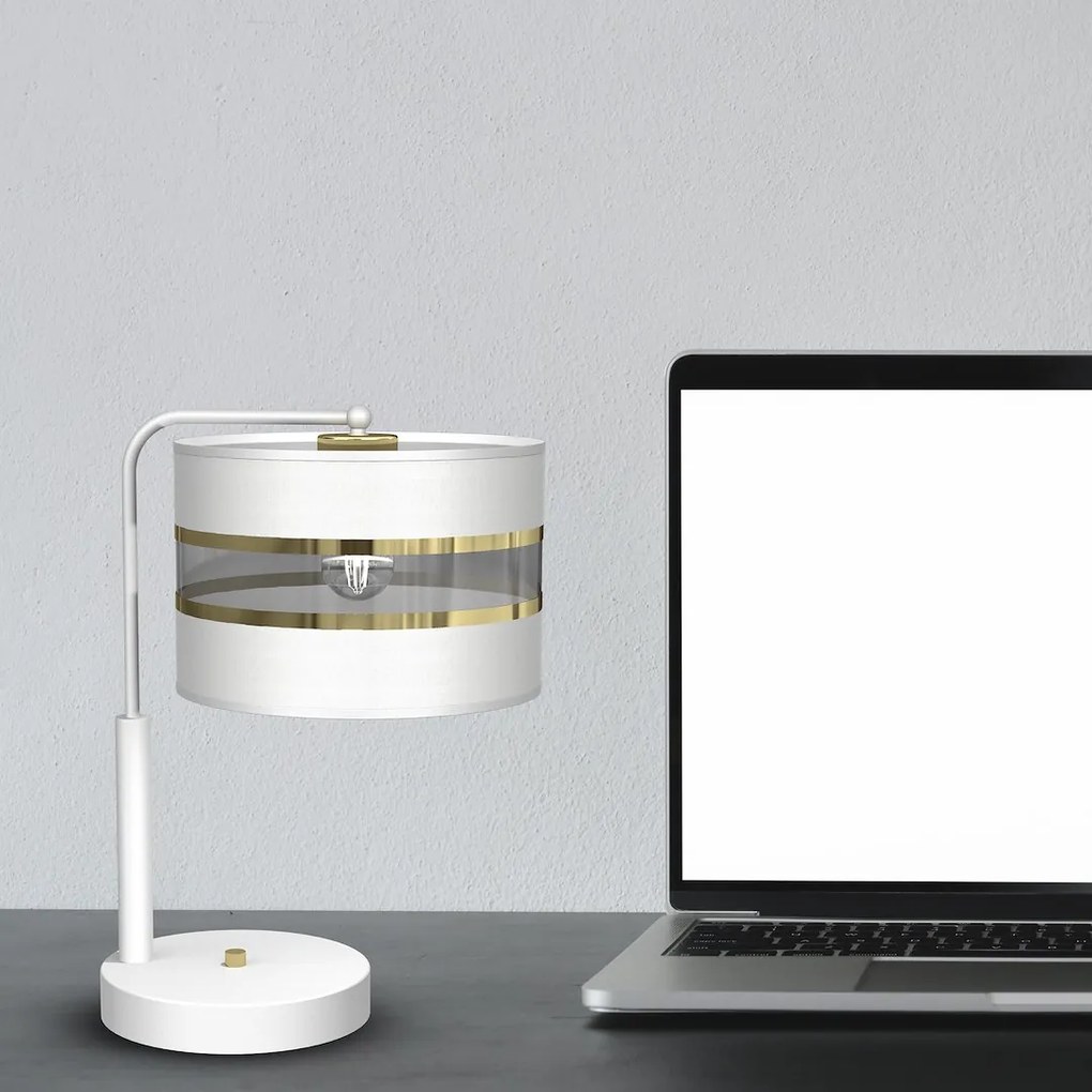 Stolná lampa Ultimo, 1x biele/zlaté textilné tienidlo, w